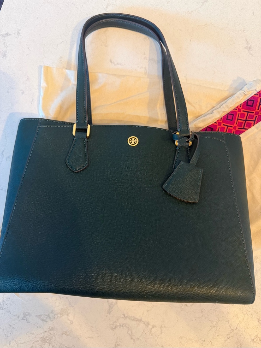 Tory Burch Deep Teal Saffiano Leather Tote with Gold Hardware